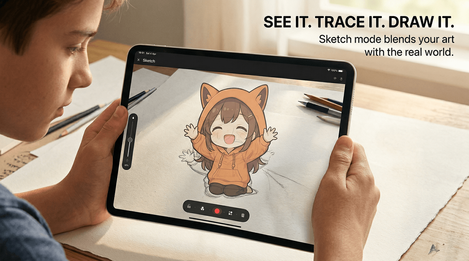 Child using DoodleTop to trace an anime character onto paper